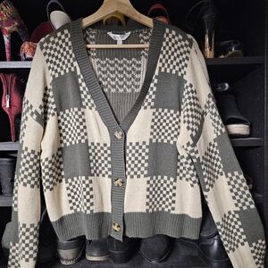 Checkered Knit Cardigan Sweater